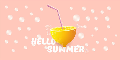 Vector Hello Summer Beach Party horizontal banner Design template with fresh lemon isolated on pink background. Hello summer concept label, flyer and poster with lemon fruit and typographic text.