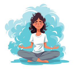 Vector illustration flat illustration spiritual awareness cute girl smile on her face is engaged in yoga meditates on a cloud in the sky