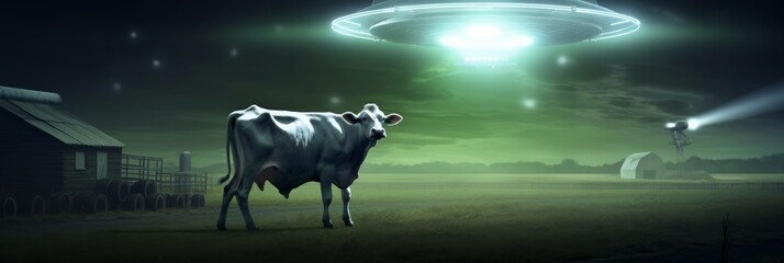 An alien ship shoots a beam of light at a cow. Generative AI