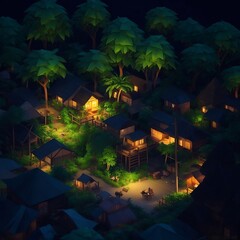 Village in the jungle at night. 3D low poly landscape illustration