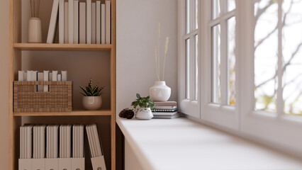 Rear view close-up image of a copy space on a white tabletop against the window © bongkarn