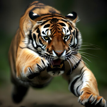 Closeup of a tiger pouncing ferociously