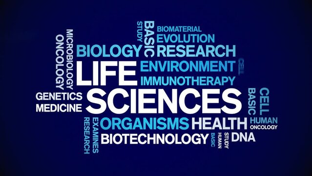 Life Sciences animated tag word cloud;text design animation kinetic typography seamless loop.