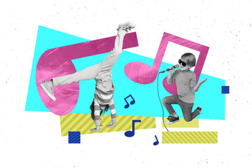 Artwork sketch 3d collage of carefree happy children have fun dance upside down stand hands sing...