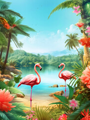 Fototapeta na wymiar Hello Summer Beach poster with tropical trees and flamingo - ai generative
