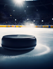 Hockey puck on ice close-up. Sports games, winter season
