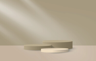 Abstract 3D room with realistic cylinder pedestal podium set. Minimal scene for product display presentation. Vector geometric platform. Stage for showcase.