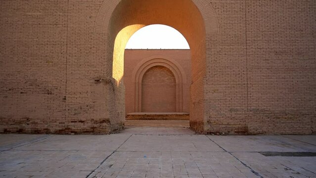 Dolly View Through Arch of Ancient Monument at Babylon Ruins in Iraq, Historical Antique Brick Wall