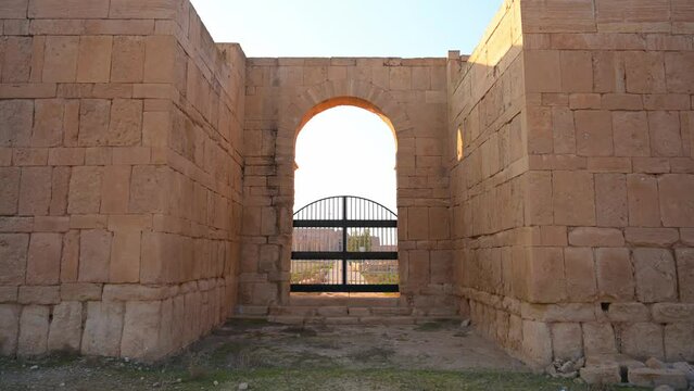 Ancient Outdoor Gate and Rock Wall at Hatra Ruins in Iraq, Archaeology Site