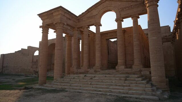 Ancient Monument at Hatra Ruins in Iraq, Archaeology Outdoor Site at Sunset 