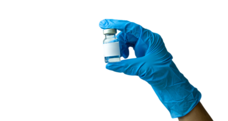 doctor's hand with blue glove holding a vaccine vial on transparent background. Healthcare cure concept