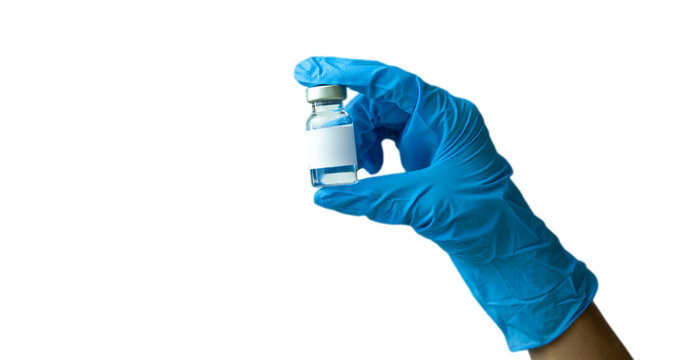 doctor's hand with blue glove holding a vaccine vial on transparent background. Healthcare cure concept