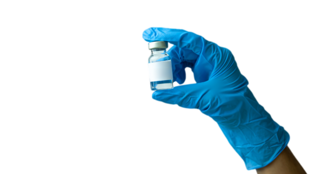 doctor's hand with blue glove holding a vaccine vial on transparent background. Healthcare cure concept
