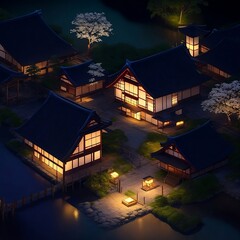 Japanese village at night. 3D low poly landscape illustration