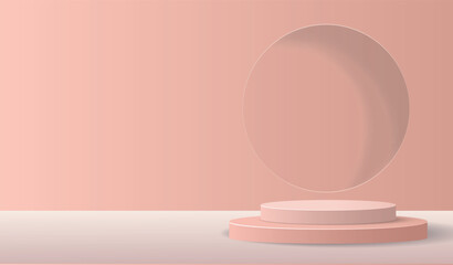 Abstract 3D room with realistic cylinder pedestal podium set. Minimal scene for product display presentation. Vector geometric platform. Stage for showcase.