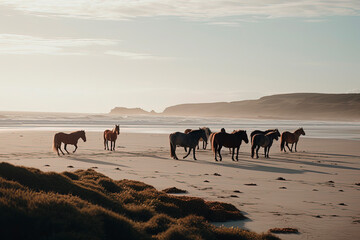 A wild horses walking down a beach. Generative AI