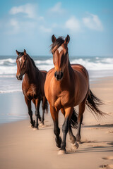 Obraz premium A wild horses walking down a beach. Generative AI