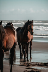 Obraz na płótnie Canvas A wild horses walking down a beach. Generative AI