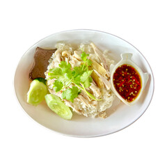 Hainanese chicken rice on a white background, top view