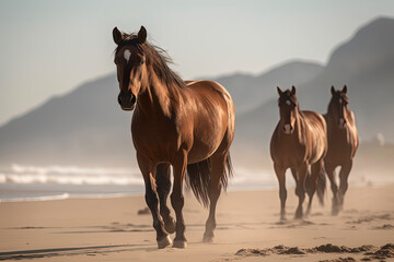 Fototapeta na wymiar A wild horses walking down a beach. Generative AI