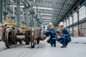 Engineer team working maintenance service fix replace train wheel in locomotive train repair depot.