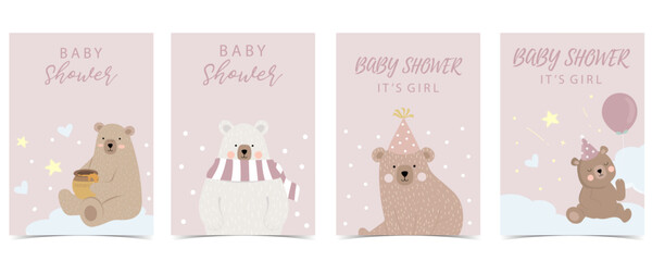 Baby shower invitation card for girl with balloon, cloud,sky, bear