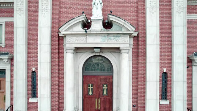 Drone shot of the entrance to the Church of Saint Mary, Cranston, Rhode Island.