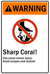 Beach safety sign and labels sharp coral