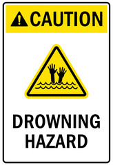 Beach safety sign and labels drowning hazard