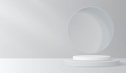 Abstract 3D room with realistic cylinder pedestal podium set. Minimal scene for product display presentation. Vector geometric platform. Stage for showcase.