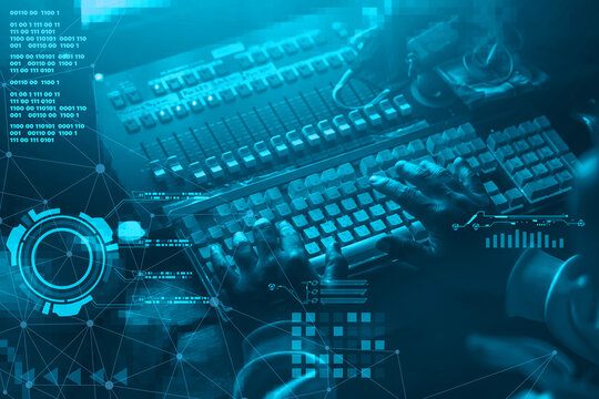 Digital music designer sound engineer with computer keyboard editor and sound mixer cyber futuristic concept.