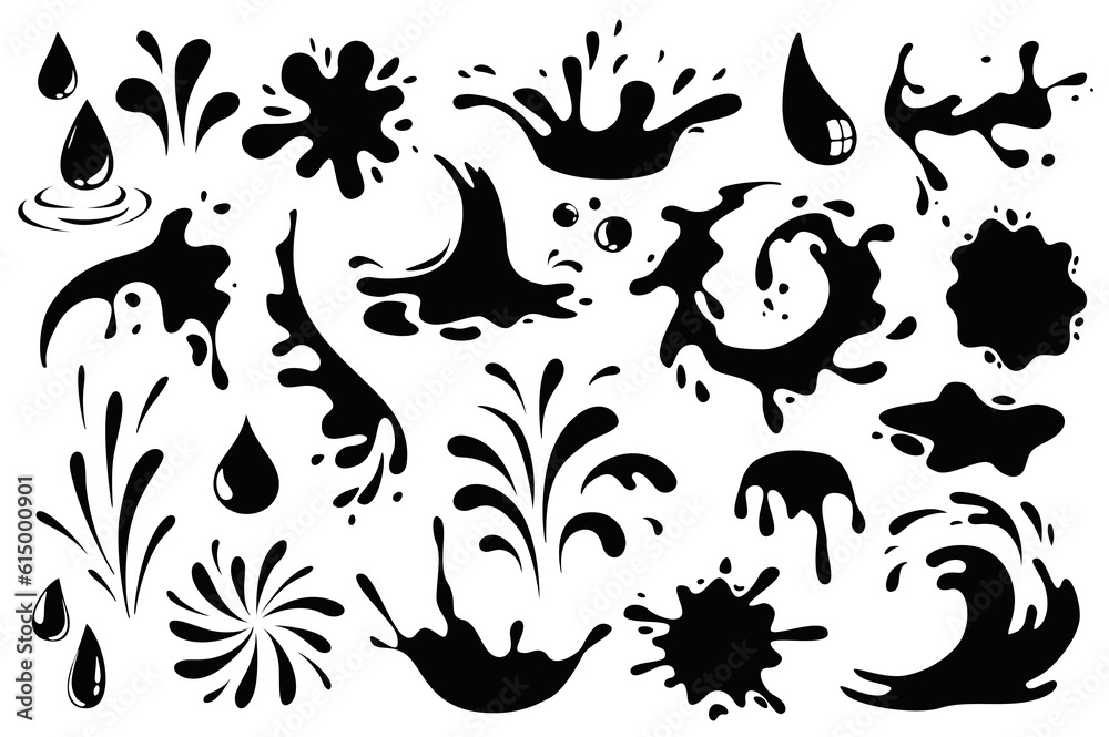 Fototapete black spots and drops mega set graphic elements in flat design. bundle of liquid paint drips splashi