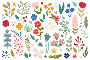 Flowers and herbs mega set graphic elements in flat design. Bundle of abstract wildflowers, daisy, rose, hyacinth and other meadow blossoms, plants with leaves. Illustration isolated objects