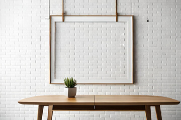 An empty Polaroid frame suspended from a string against a white brick wall, complemented by a minimalist interior