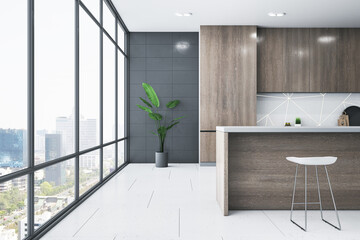 Closeup view of modern kitchen interior design with panoramic window with city view background, wooden and dark grey walls and tiles floor. 3D Rendering