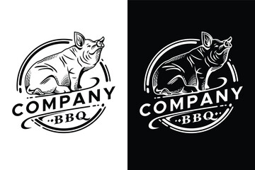 simple line art pig decorated illustration logo design