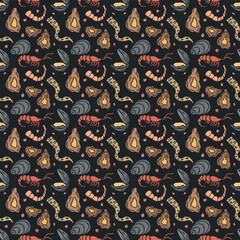 Naklejka premium Colored seafood pattern. Drawn seafood background