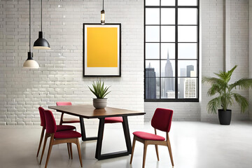 An empty Polaroid frame suspended from a string against a white brick wall, complemented by a minimalist interior