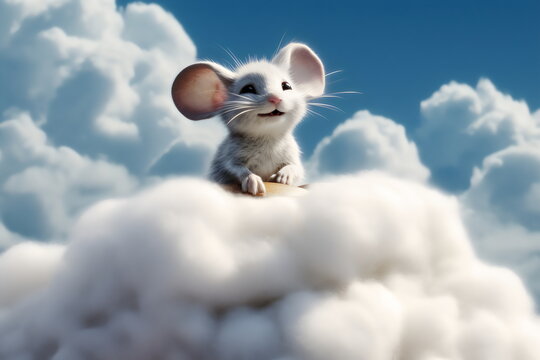 happy cartoon mouse sitting on a heavenly cloud, made with generative ai


