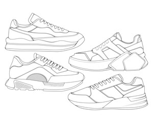 Set of shoes sneaker outline drawing vector, Sneakers drawn in a sketch style, bundling sneakers trainers template outline, vector Illustration.