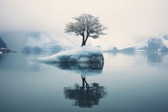 tree on snowy lake landscape, made with generative ai