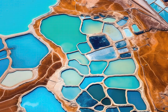 Aerial View Of Lithium Mines With Vibrant Blue Evaporation Ponds. Generative AI