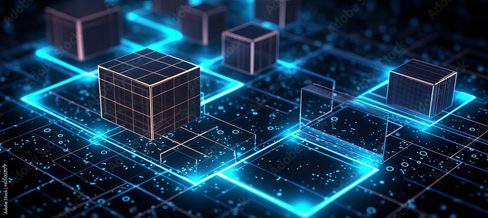 Poster Blue cube data network system blockchain security structure technology background. Generative AI technology.