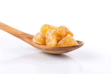 heap of sweat Candied ginger isolated on white