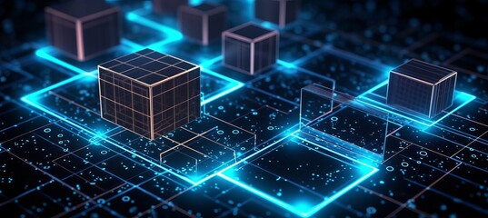 Fototapeta na wymiar Blue cube data network system blockchain security structure technology background. Generative AI technology.