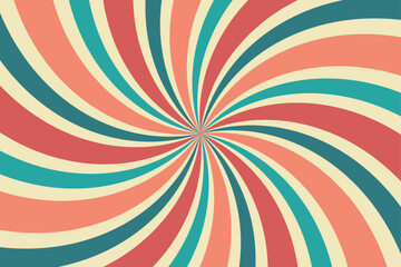 Retro colors spiral background. Twisted vintage starburst. Curved colorful rays on beige backdrop. Rotating lines optical illusion. Radial striped banner. Vertigo concept. Vector illustration  