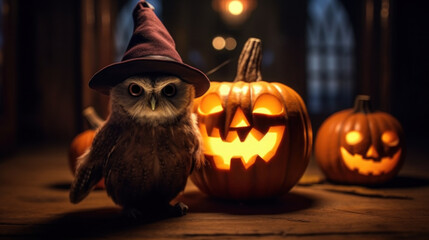 Halloween  with pumpkin with owl wearing the hat