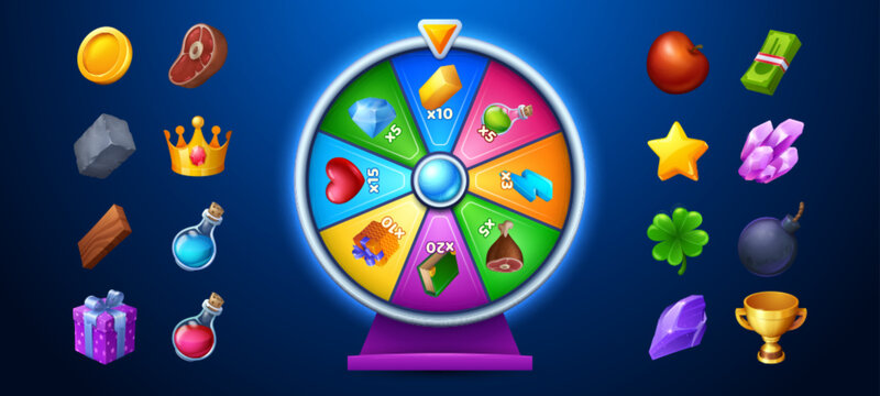 Fortune game spin wheel and set of prize icons isolated on blue. Vector illustration of casino roulette decorated with lightning, heart, magic potion and diamond, gift box, golden coins, trophy cup