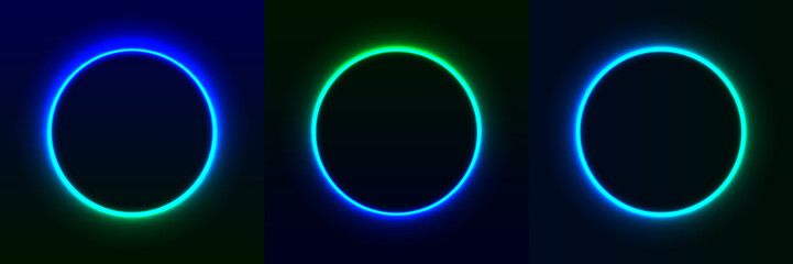 Set of glowing multi-colored neon round frames on dark backgrounds. Bright light rings. Vector Art.