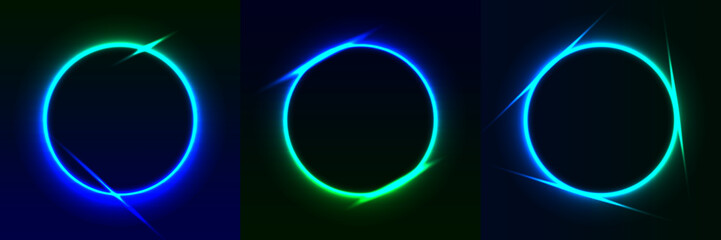 Set of glowing multi-colored neon round frames on dark backgrounds. Bright light rings. Vector Art. 